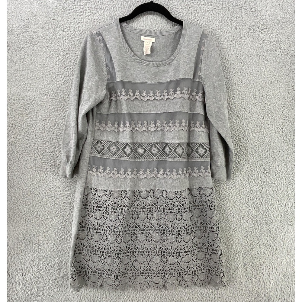 Sundance Dress Womens M Gray Floral Sweater Dress Lace Knit Embroidered Boho